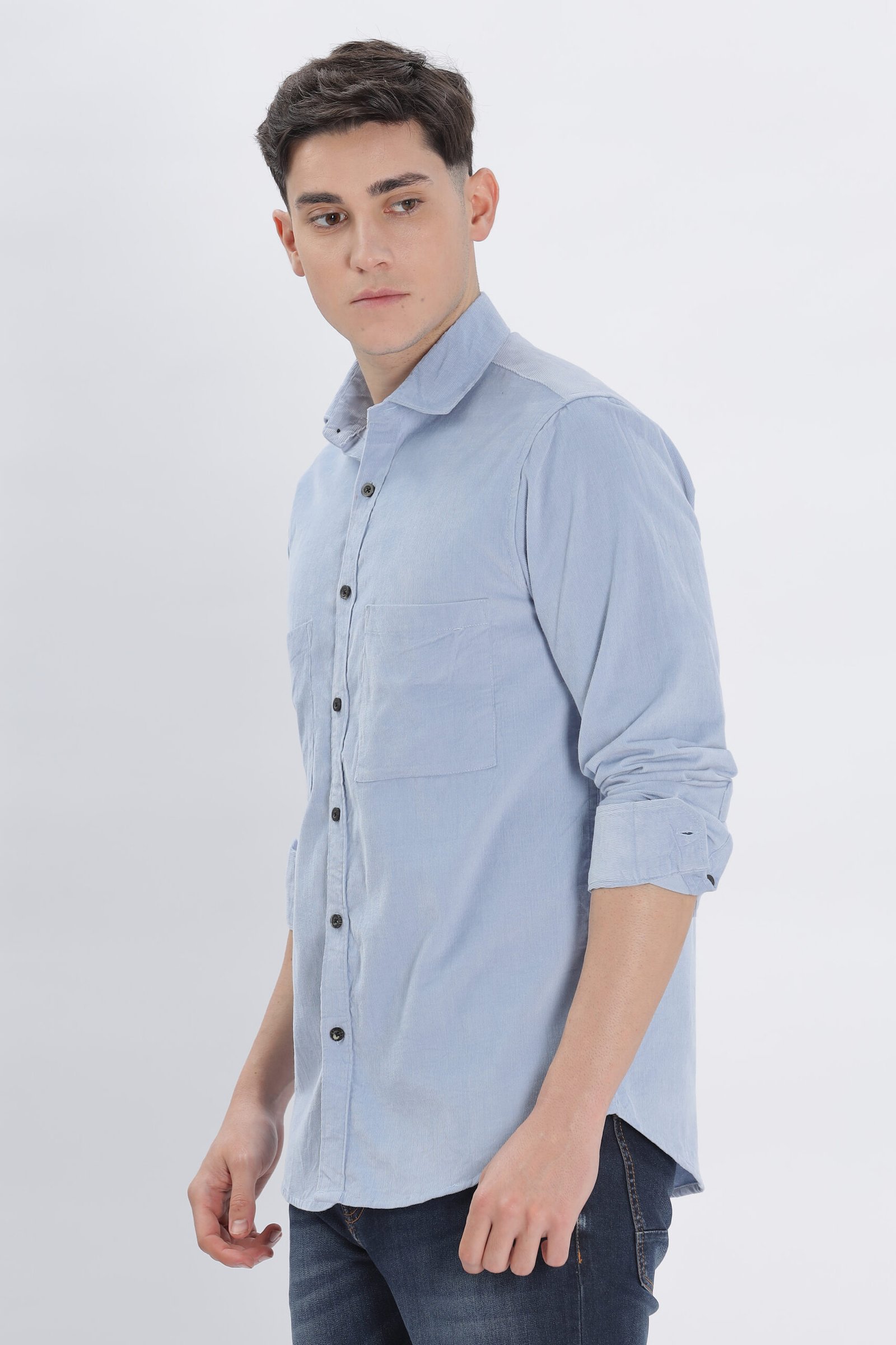 David Hawks Men’s Premium Corduroy Shirt – Full Sleeve Double Pocket (Mild Blue)
