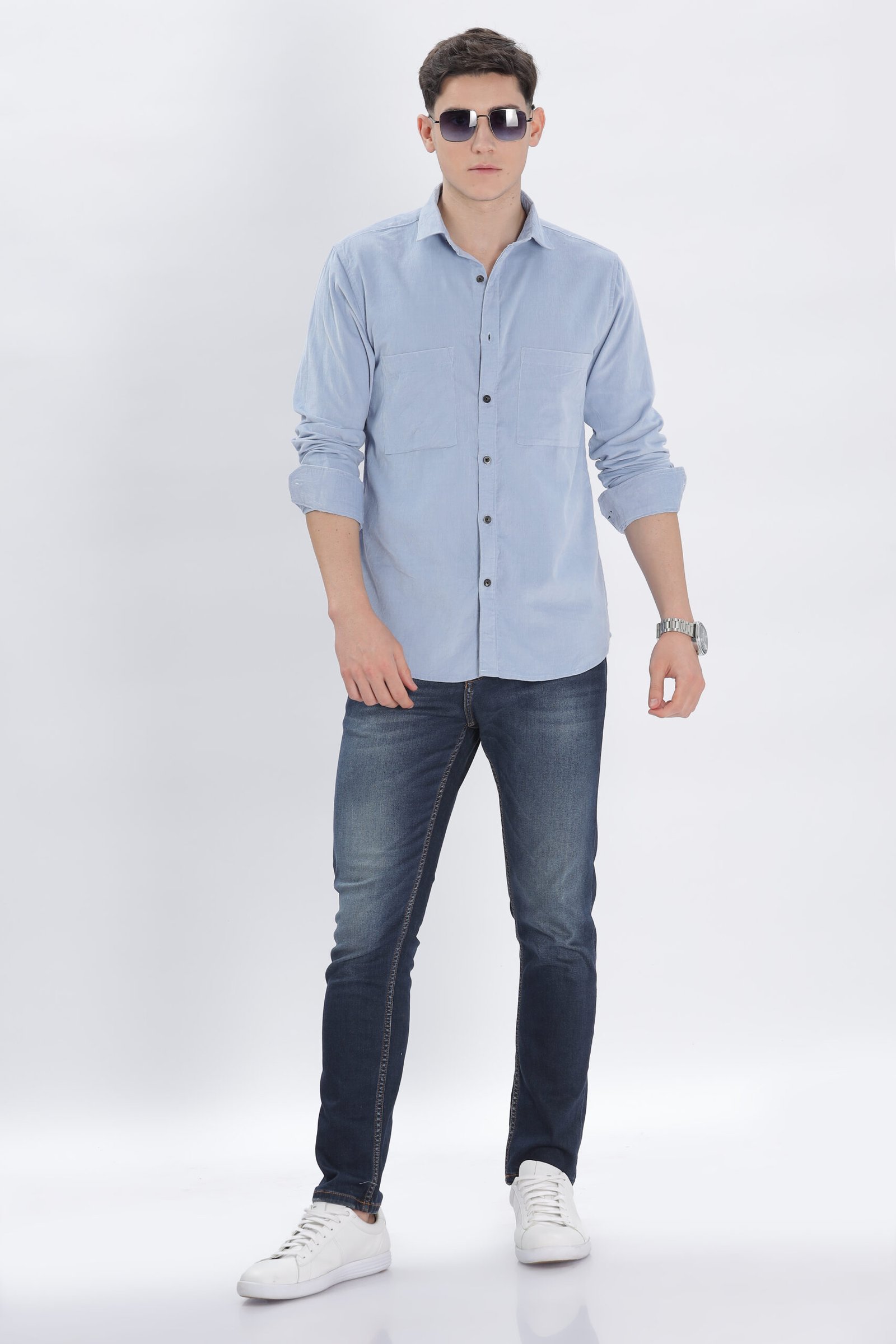 David Hawks Men’s Premium Corduroy Shirt – Full Sleeve Double Pocket (Mild Blue) - Image 3