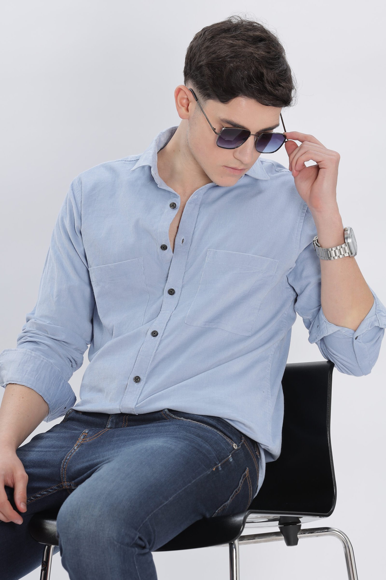 David Hawks Men’s Premium Corduroy Shirt – Full Sleeve Double Pocket (Mild Blue) - Image 2