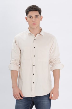 David Hawks Men’s Premium Corduroy Shirt – Full Sleeve Double Pocket (Ivory)