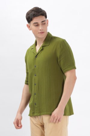 David Hawks Men’s Cuban Collar Shirt – Resort Collection Premium Cotton-Poly Blend (Moss Green)