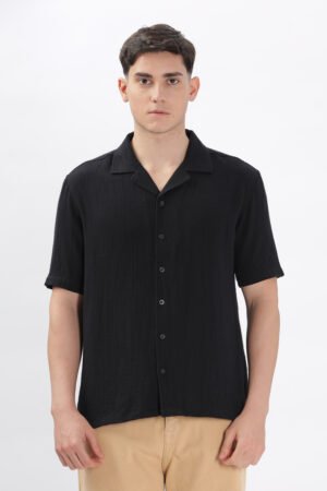 David Hawks Men’s Cuban Collar Shirt – Resort Collection Premium Cotton-Poly Blend (Black)